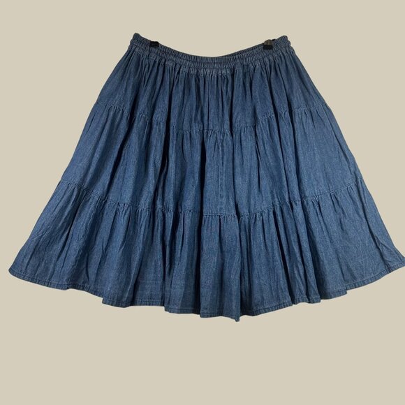 Vintage Access Blue Tiered Skirt Drawstring Elastic Waist L Double Denim Cotton - Picture 1 of 7
